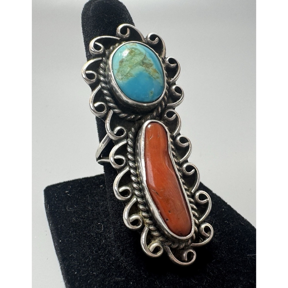 Billy McRae Attributed Navajo Turquoise Coral Sterling Ring BM 2" Sz 5.5
